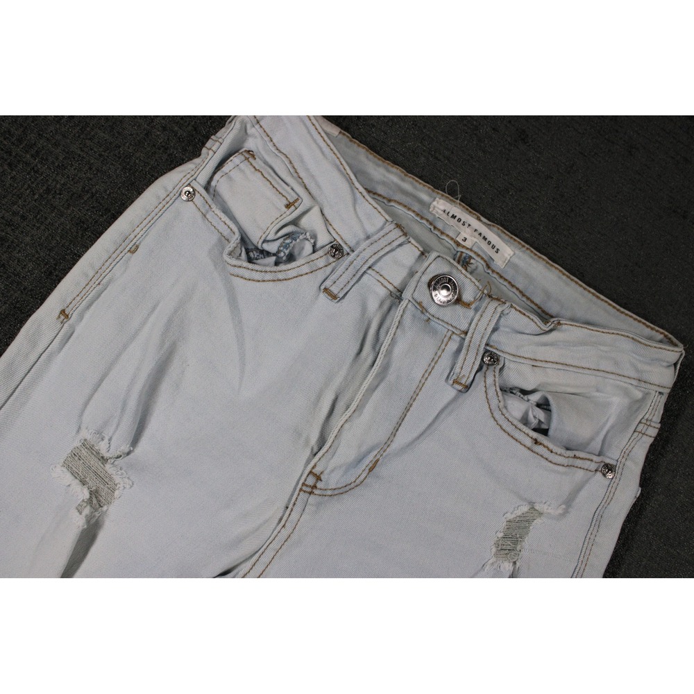 Almost Famous Light Wash Distressed Denim Jeans Size 3 Light Blue Stretch